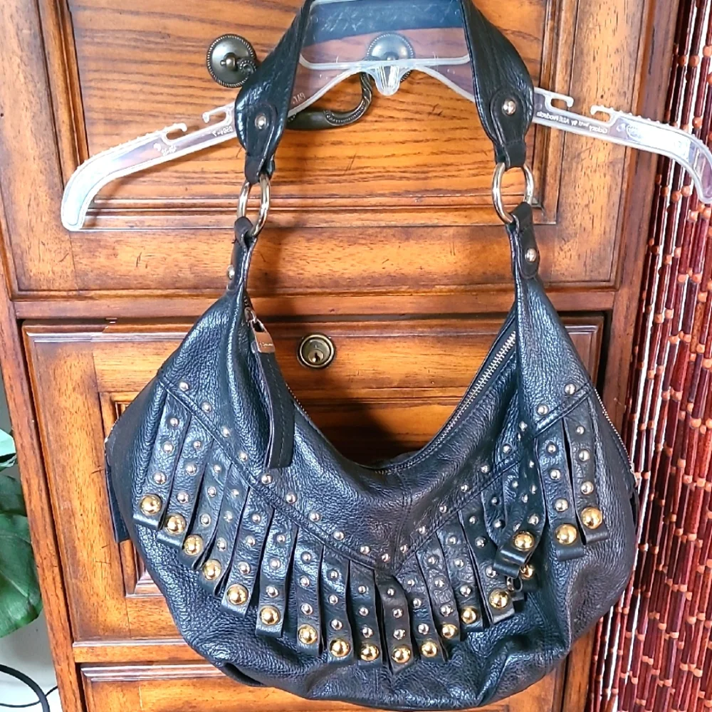 B Makowsky Black Leather Studded Fringed Hobo Bag